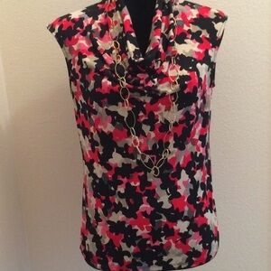 KASPER drape neck pattern bold abstract print sleeveless top neutrals